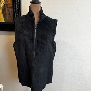 Women's Investments Black Leather and Wool Vest Large Full Zip *Flaw Please Read